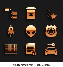 Set Alien, Unknown document, Car rental, Police badge, Server, Data, Web Hosting and Rocket ship with fire icon. Vector