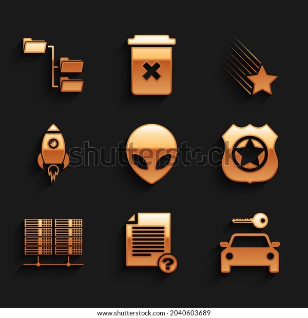 Set\
Alien, Unknown document, Car rental, Police badge, Server, Data,\
Web Hosting and Rocket ship with fire icon.\
Vector