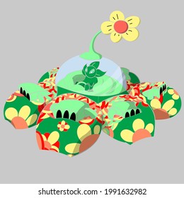 Set of alien vector illustration on spaceship with different colors, alien vector illustration in ufo, alien flower cartoon in ufo, alien illustration in galaxy or space background, ufo army.