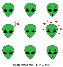 Set of alien's emotion. UFO characters, various feelings. Humanoid faces. Avatars of visitors. Collection of alien's cute emoji icons. Isolated. Vector illustration.