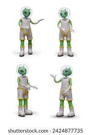 Set of aliens on white background. Green humanoid in various positions