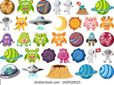 Set of aliens and space objects 