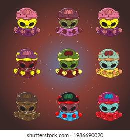Set of aliens in spaceships with different color, vector illustration of aliens in ufo, aliens with brains in glass tubes, illustration of aliens on galaxy or space background, alien army. scary face