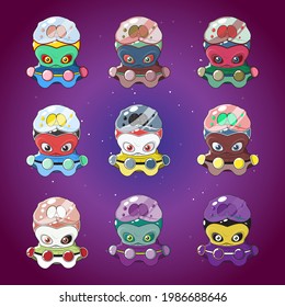Set of aliens in spaceships in different colors, vector illustration of aliens in ufo, aliens with brains in glass tubes, illustration of aliens on galaxy or space background, alien army