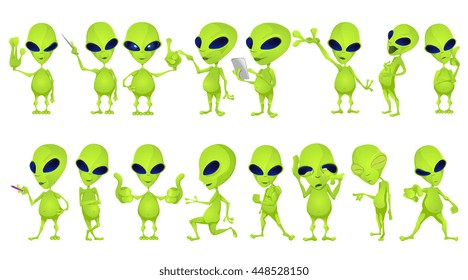 Set of aliens standing with crossed arms, waving hand, pointing finger up, giving thumbs up. Aliens laughing, crying. Aliens running, showing muscles. Vector illustration isolated on white background.