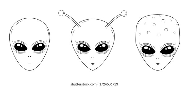 Set of aliens.
UFO humanoid faces. Avatars of visitors.
Collection of alien's icons.
Isolated.
Vector illustration.