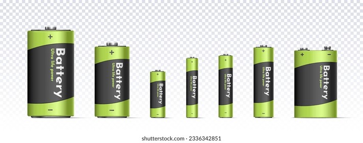 Conjunto del concepto de pilas alcalinas. Fuentes de energía en el espacio de copia. Alimentación y voltaje, acumulador para dispositivos, industria electrónica. Colección vectorial 3D realista aislada en fondo transparente