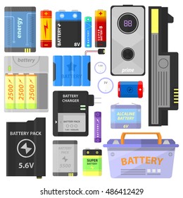 Set of alkaline battery and accumulator. Electricity technology. Signs and symbol of energy charge. Electric supply - vector illustration isolated on white background.