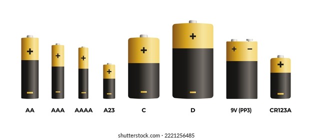 Conjunto de ilustración del vector de la batería alcalina. Distintos tipos y tamaños de baterías aisladas en fondo blanco.