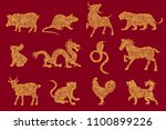 Set of all 12 zodiac animals for Chinese New Year celebration design. Vector illustrations in paper cut style.