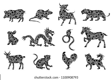 Set of all 12 zodiac animals for Chinese New Year celebration design. Vector illustrations in paper cut style.