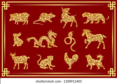 Set of all 12 zodiac animals for Chinese New Year celebration design. Vector illustrations in paper cut style. svg