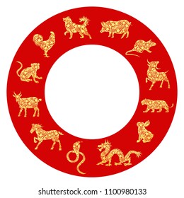 Set of all 12 zodiac animals for Chinese New Year celebration design. Vector illustration in paper cut style.