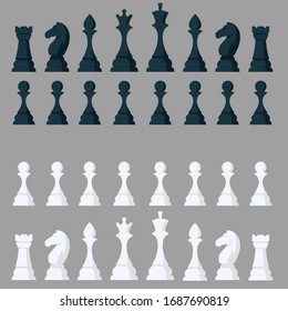 Set of all chess pieces. Black and white objects in cartoon style. svg