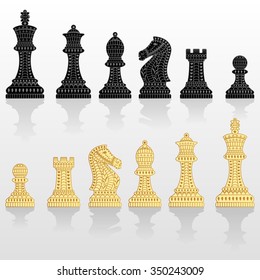 Set of all chess pieces. Black and white. Beautiful lace ornament in Indian style. Vector illustration. svg
