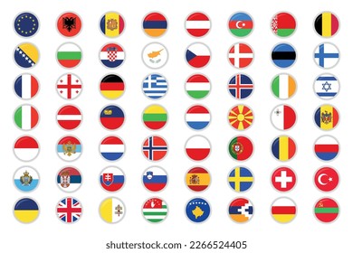 Set Of All Europe Flags Circles Shine And Shadow Vectorart