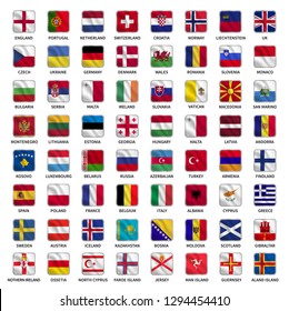 Set of all flags europe countries with waving square shape concept