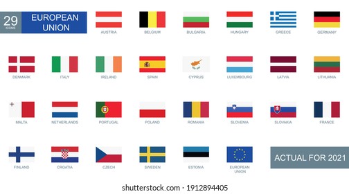 Set of all flags of European countries in rectangular shape with description - Vector illustration