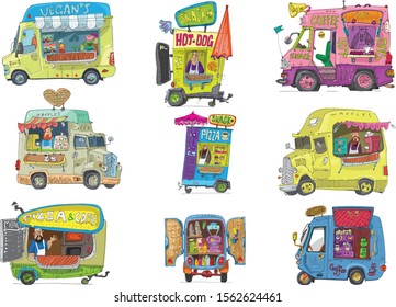 Set of all kind of street food trucks. Street market places. Cartoon. Caricature.