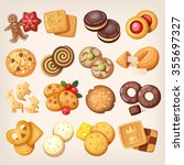 Set of all kinds of delicious chocolate and vanilla cookies.