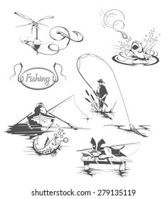 Set of all kinds of fishing illustrations.