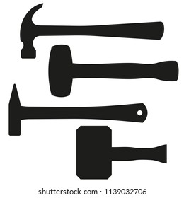 A set of all kinds of hammers. Black silhouette hammer. Isolated on white background.