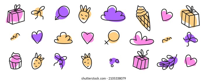 Set with All lovers Day decoration element. Happy Valentines Day. Heart, clouds, present, branch, ice cream, strawberry. Female and male symbol. Gender signs. Icons in vector illustration. Isolated.