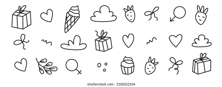 Set with All lovers Day decoration element. Happy Valentines Day. Heart, clouds, present, branch, ice cream, strawberry. Female and male symbol. Gender signs. Icons in vector illustration. Isolated.