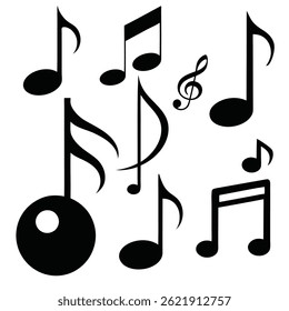 Conjunto de todos los símbolos de notas de música, diseño plano 