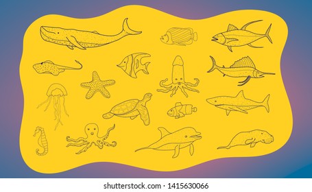 set of all ocean cute animal. doodle hand drawing style. vector illustration eps10