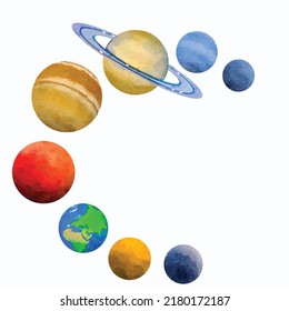 Set of all the planets of the solar system isolated on white background. Watercolor style. Vector illustration. Cartoon Clipart