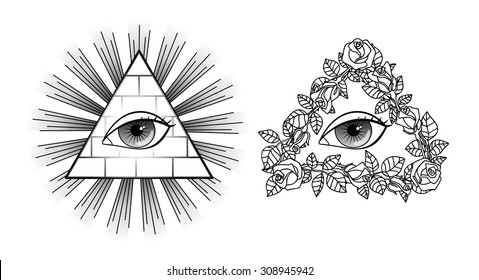 Set All seeing eye, pyramid, light and roses. Vector illustration for textile prints, tattoo, web and graphic design