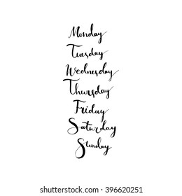 set of all seven weekdays in cute hand drawn lettering, vector. 