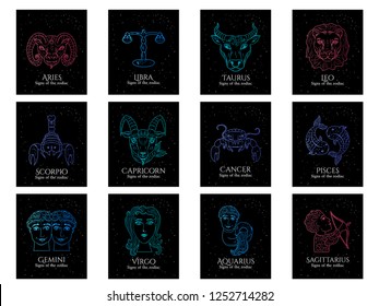 Set all Signs of the zodiac. Luminous style color of the elements. Vector hand drawn illustration isolated on a white background.