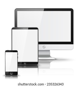 Set of all size screen devices for site preview - computer, tablet, phone sizes, isolated on white background with reflection. Vector