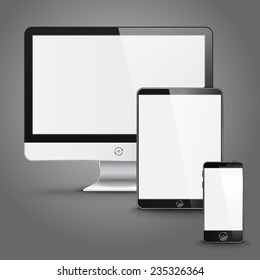 Set of all size screen devices for site preview - computer, tablet, phone sizes on grey background. Vector