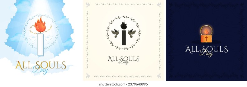 Set of All Souls Day Art Illustration Posters, celebrated on November 2. All Souls' Day Greeting Cards. Vector Illustration