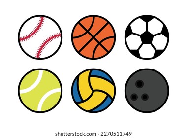 set all sport ball, basketball, baseball, bowling ball, soccer ball, tennis ball and volleyball icon.