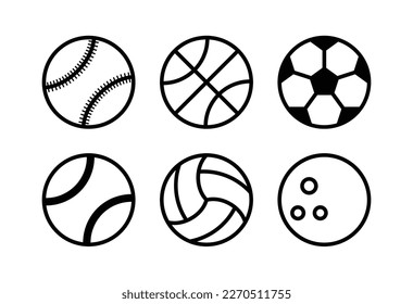 set all sport ball, basketball, baseball, bowling ball, soccer ball, tennis ball and volleyball icon.