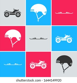 Set All Terrain Vehicle or ATV motorcycle, Helmet and Snowboard icon. Vector