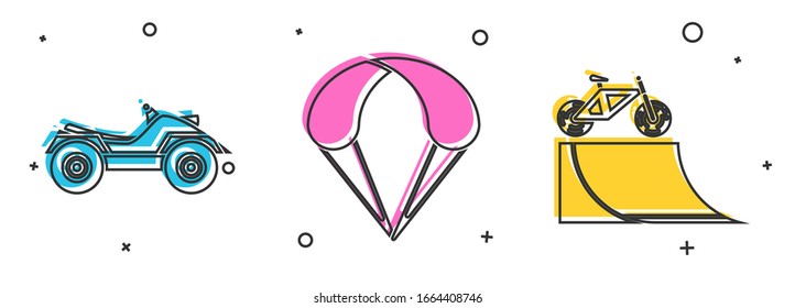 Set All Terrain Vehicle or ATV motorcycle, Parachute and Bicycle on street ramp icon. Vector