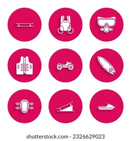 Set All Terrain Vehicle or ATV motorcycle, Skateboard on street ramp, Jet ski, Surfboard, Knee pads, Life jacket, Diving mask and  icon. Vector