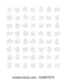 Set of all type of jigsaw pieces in different positions isolated on white