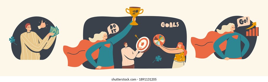 Set All in Your Hands Theme. Characters Dream of Success, Developing Skills, Embody Childhood Dreams. Leadership, Goals Achievement, Aiming to Satisfaction with Life. Linear People Vector Illustration