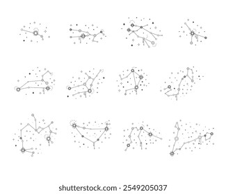 Set of all zodiac constellations isolated on white background. Mystical magical and esoteric boho design for fabric design, tarot, astrology, wrapping paper. Abstract decorative vector illustration.