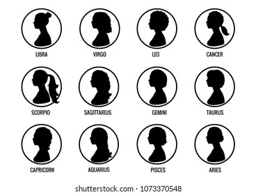 Set all Zodiac signs. Black Silhouettes of a girls with a hairstyle side view. Horoscope symbols in a round bright frame with inscriptions. Vector illustration isolated on white background.