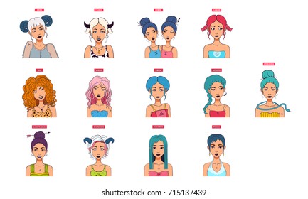 Set of all zodiac signs, symbols. Cartoon style avatars of girls. 12 signs: Aries, Taurus, Gemini, Cancer, Leo, Virgo, Libra, Scorpio, Sagittarius, Capricorn, Aquarius, Pisces and 13 sign Ophiuchus.