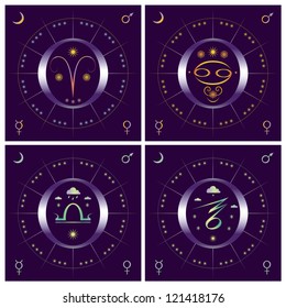 Set of allegorical vector illustration of 4 seasons with zodiacal symbols