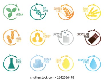 Set Of Allergen Food, GMO Free Products Icon And Logo. Intolerance And Allergy Food. Concept Cartoon Vector Illustration And Isolated Art.