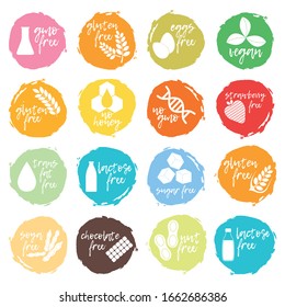Set of allergen food, GMO free products icon and logo. Intolerance and allergy food. Concept black and simple vector illustration and isolated art.